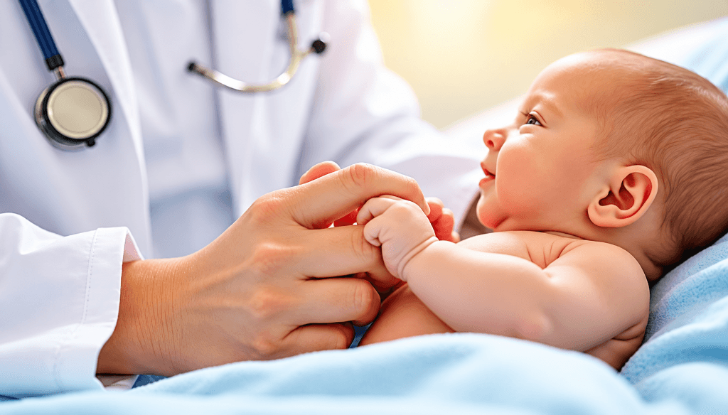 Doctor caring for a newborn at Vijaya Harsha Hospital